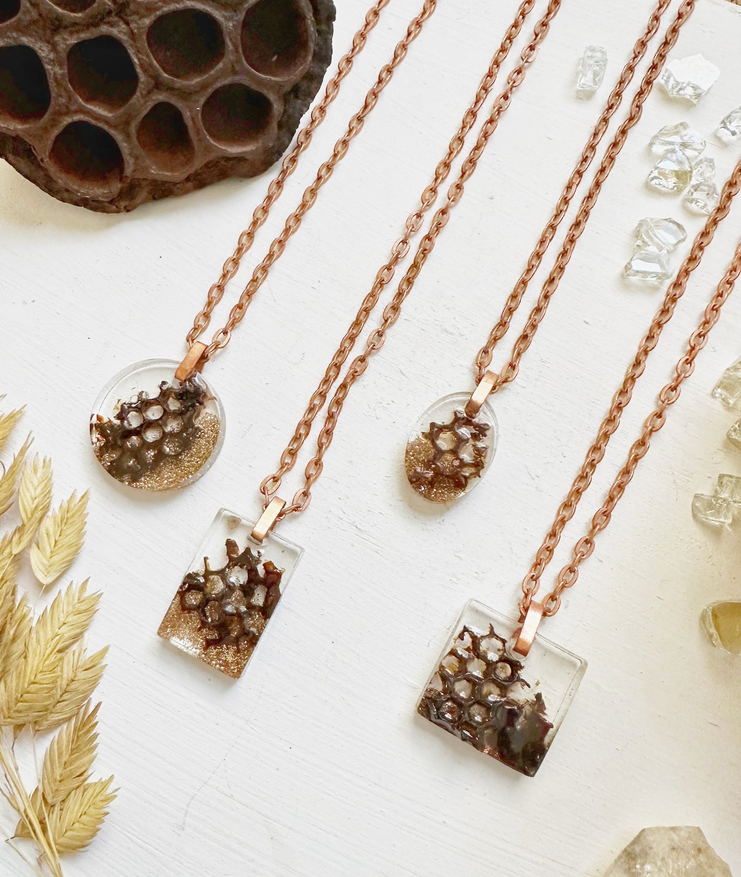 Unique Real Pressed Honeycomb Necklaces (Myakka’s Gold Apiary) Florida Resin Nature Jewelry