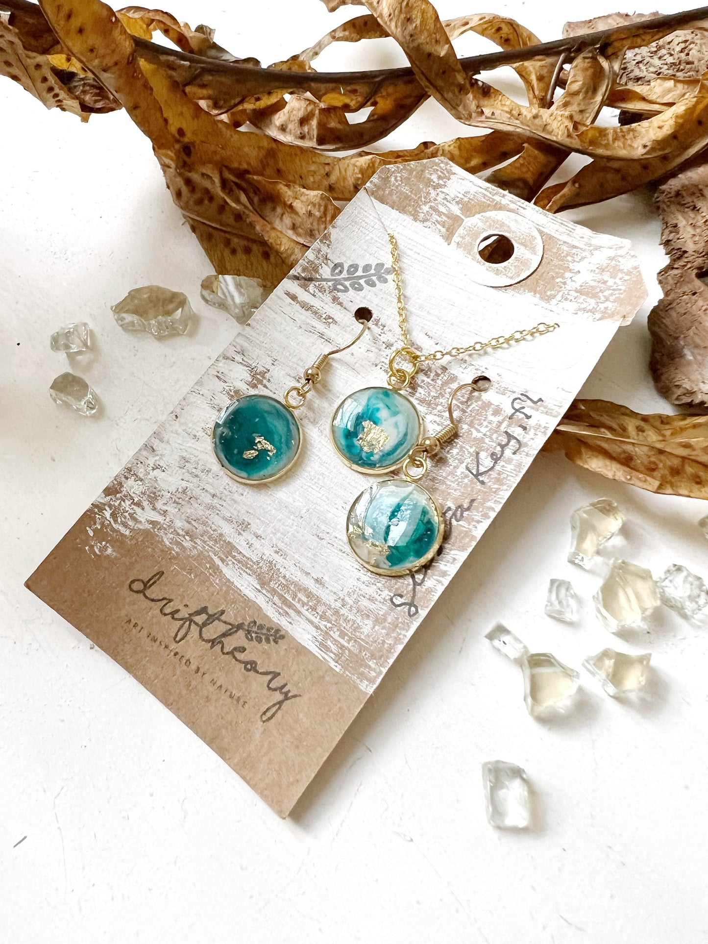 GIFT SET || Siesta Key Ocean Resin Gold Dangles and Necklace