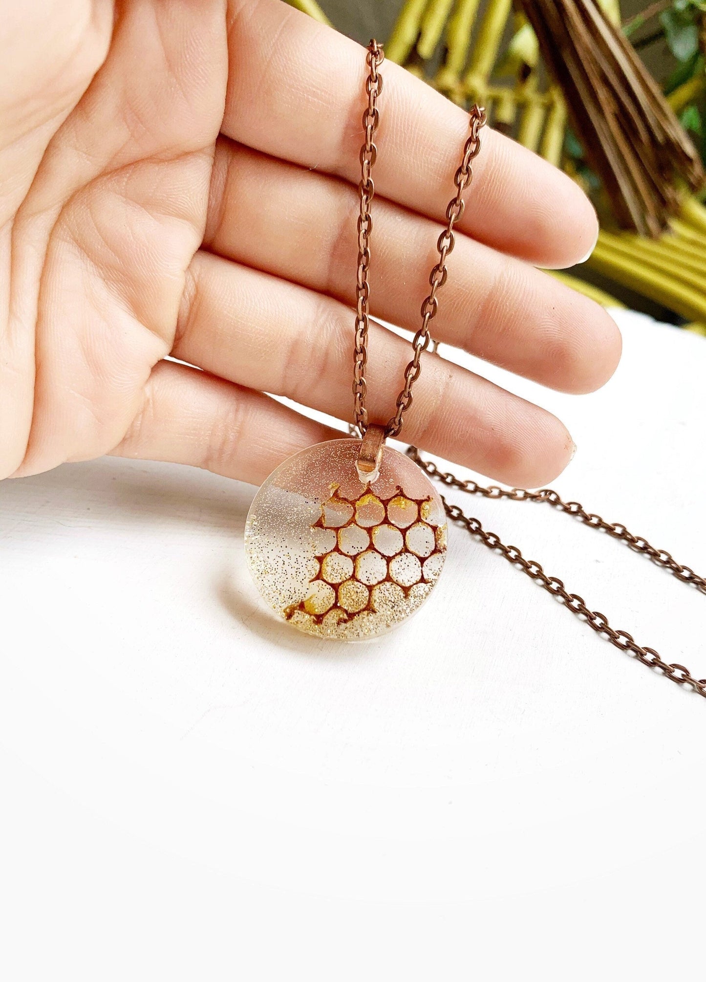 Customizable || Unique Real Pressed Honeycomb Necklace (Myakka’s Gold Apiary) Florida Resin Nature Jewelry