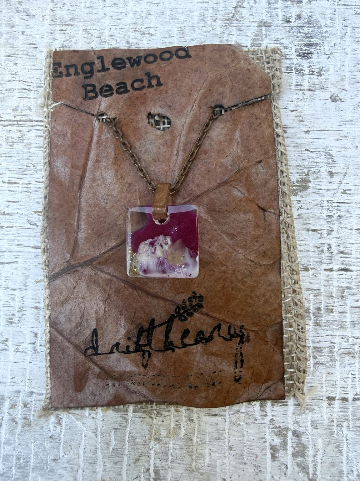 Englewood Beach | Magenta & Shell Square Resin Necklace - product angle 0186
