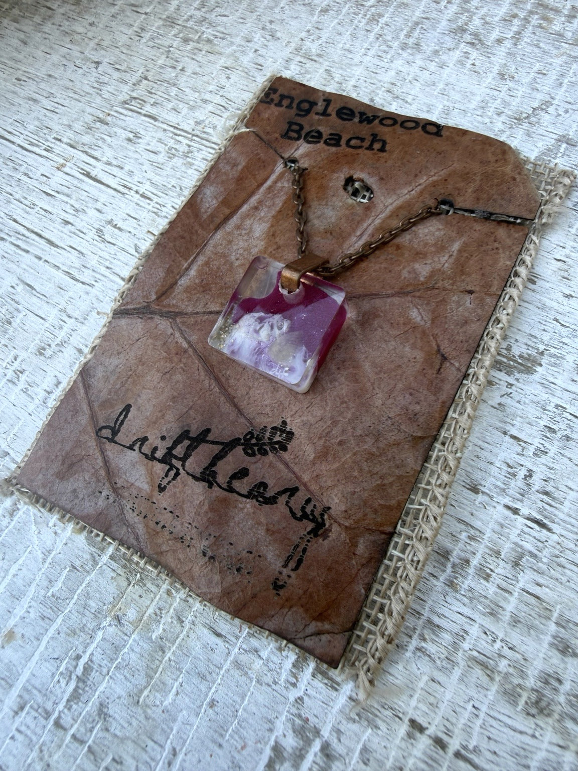 Englewood Beach | Magenta & Shell Square Resin Necklace - product angle 0187